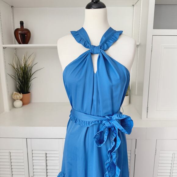 NWT Derek Lam 10 Crosby Dasha Blue Ruffle Trim Asymmetric Halter Midi Dress 10 - Picture 2 of 8